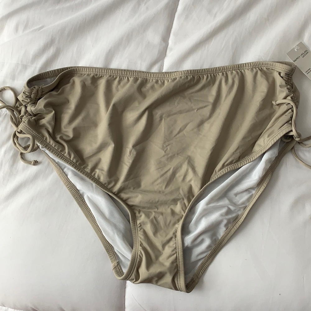 Tan bathing suit bottom with ruched tie sides